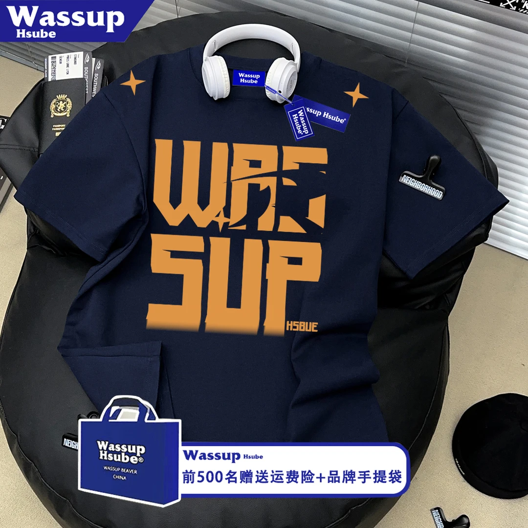 WASSUP HSUBE100%纯棉国潮牌字母印花短袖男高街百搭半袖T恤上衣