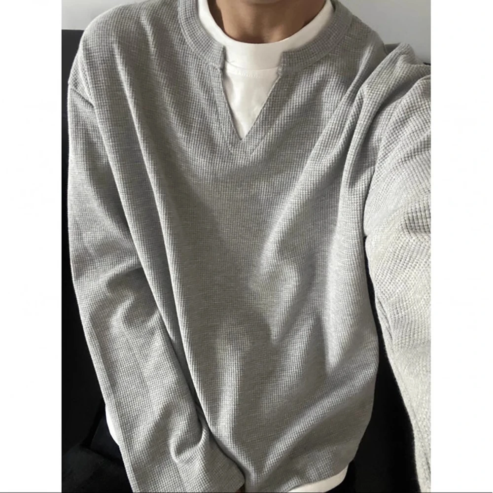 轻奢风V领卫衣男春秋季2025新款穿搭潮牌肌理感假两件美式长袖T恤