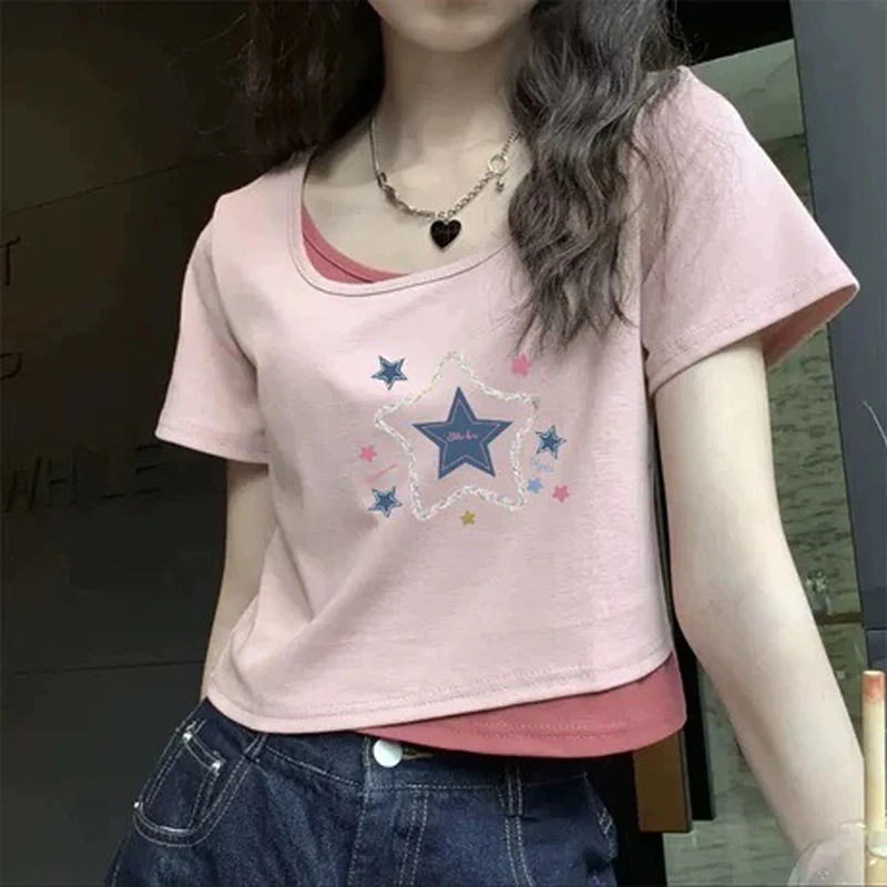 百搭设计感方领假两件上衣短袖女短款夏季2025修身纯欲风小众T恤