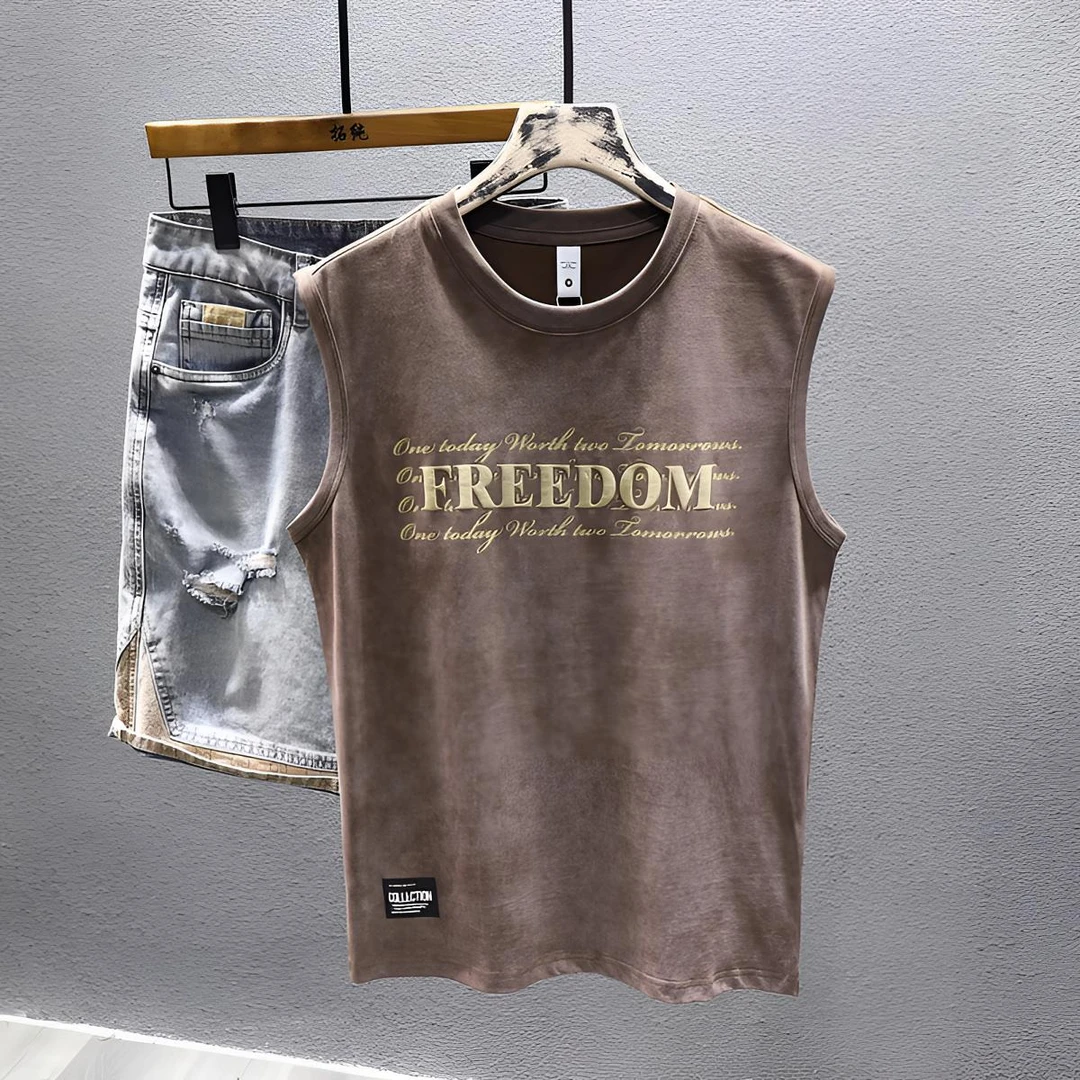 2025夏季新款爆款背心男潮牌印花重磅无袖宽松坎肩运动高级感衬衫