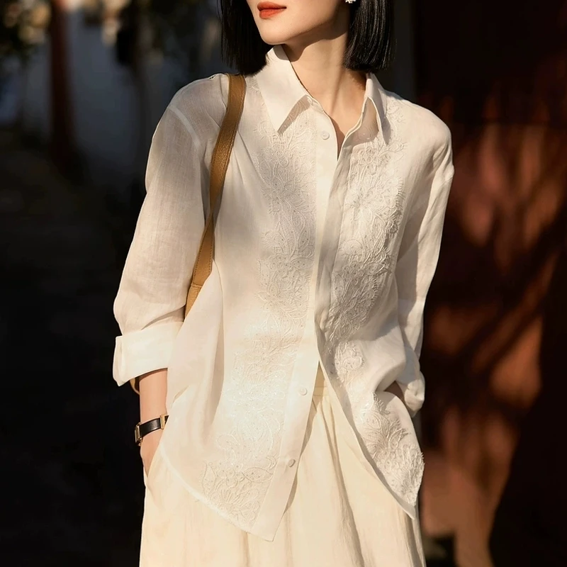 新中式国风女装白色上衣2025春季新款高级感复古宽松显瘦花边衬衫