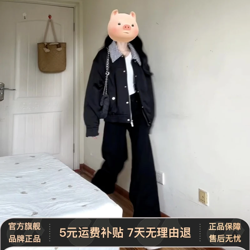 美式拼接翻领黑色深秋夹棉外套女秋冬2026新款初冬穿搭夹克棒球服