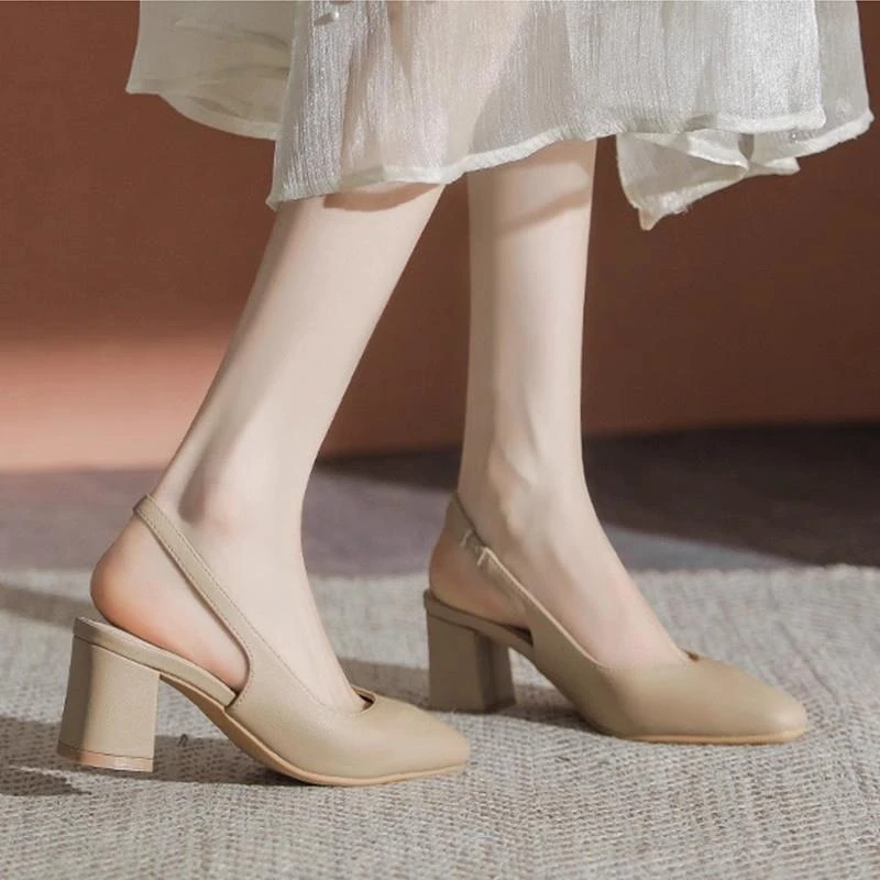 包头凉鞋女2024新款夏季中跟粗跟单鞋法式方头高跟鞋晚晚风温柔鞋