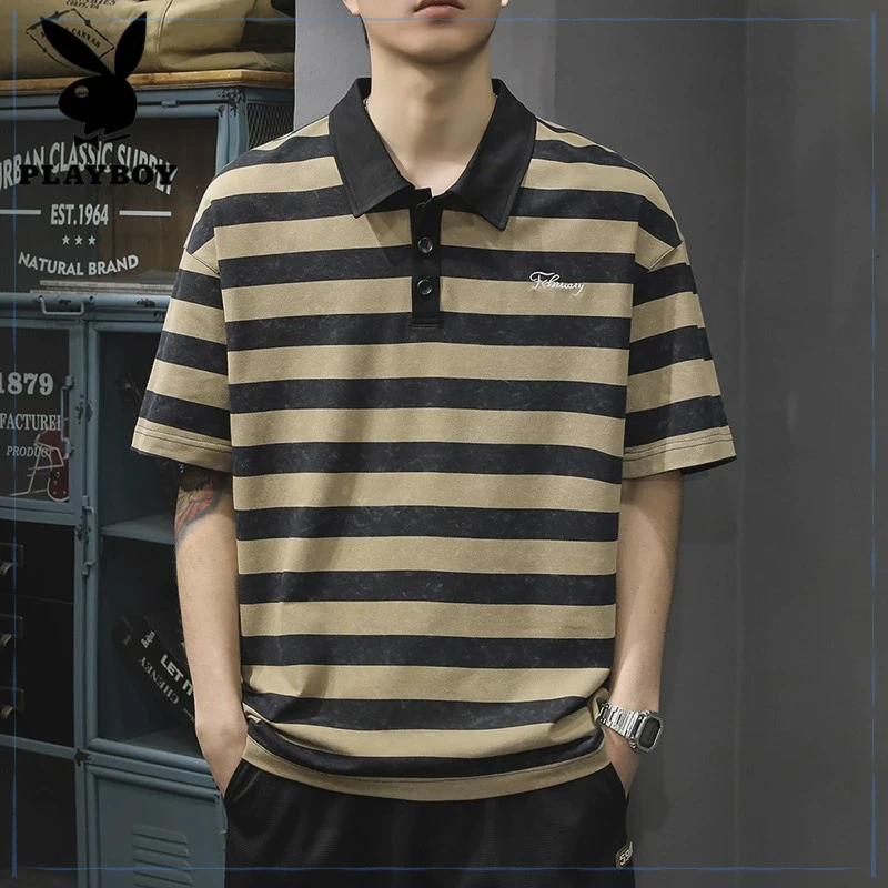 花花公子夏季新款条纹短袖Polo衫男宽松大码上衣夏季休闲半袖polo