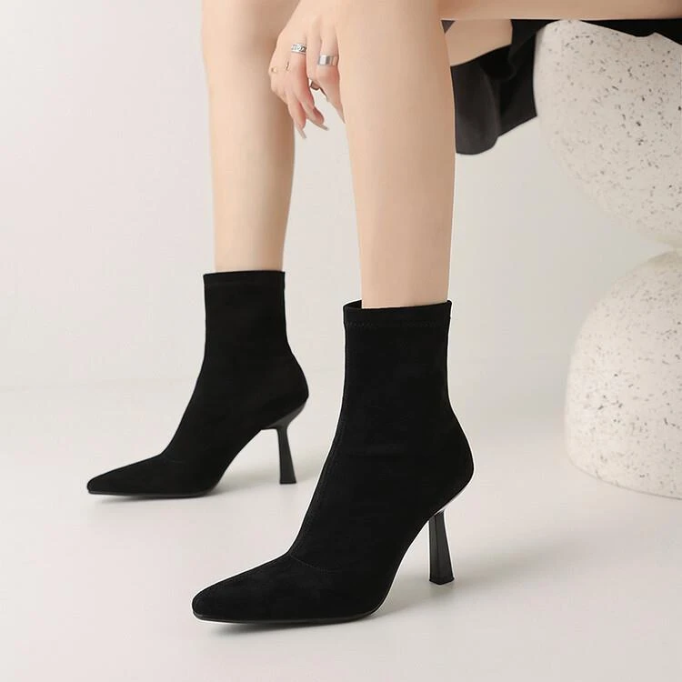 自制瘦瘦靴2024秋冬新款羊猄皮尖头套筒显瘦弹力靴高跟短靴女