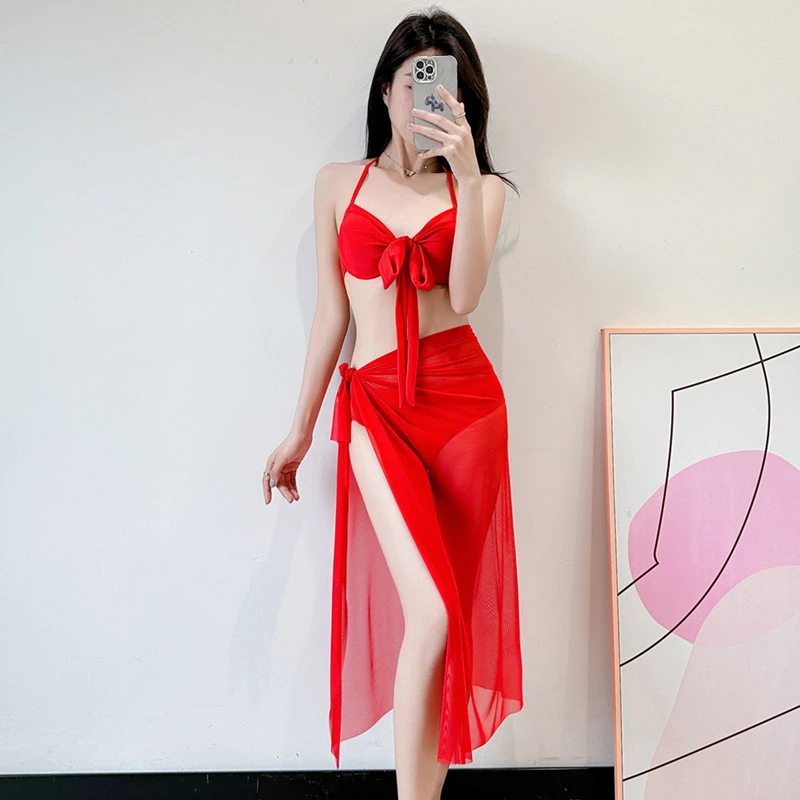 【烈焰玫瑰】bikini比基尼分体性感三件套钢托聚拢度假游泳衣女