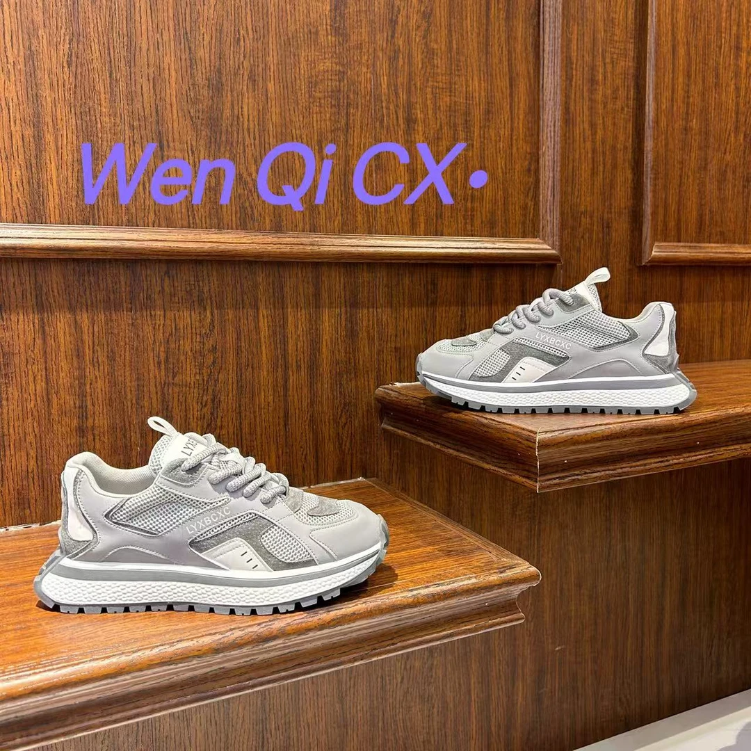 春夏新款男鞋皮拼网面厚底欧洲站轻奢百搭显瘦时尚潮流男士休闲鞋