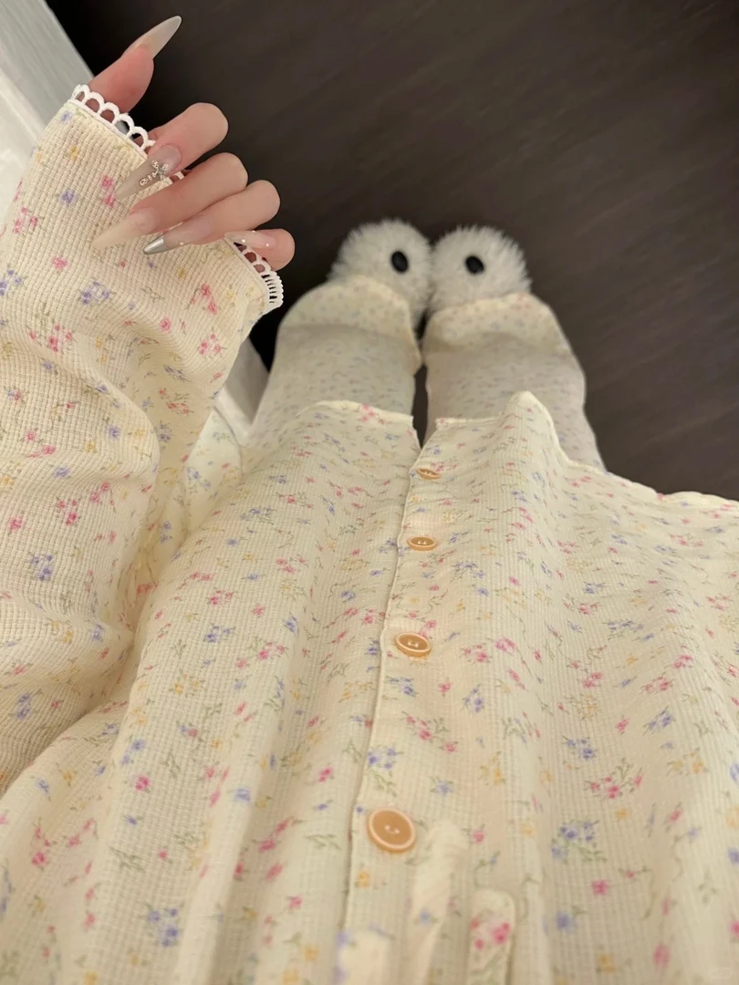 韩版可爱碎花甜美双层棉纱修身减龄睡衣女早秋新款显瘦家居服套装