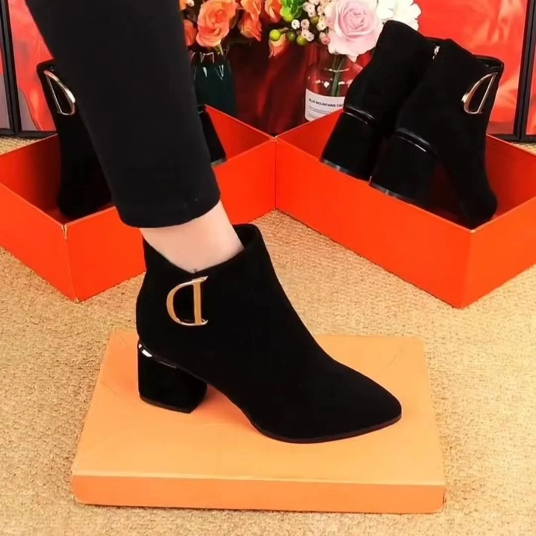 外贸出口时尚百搭舒适低跟短靴女2025冬季新款粗跟加绒保暖高跟鞋