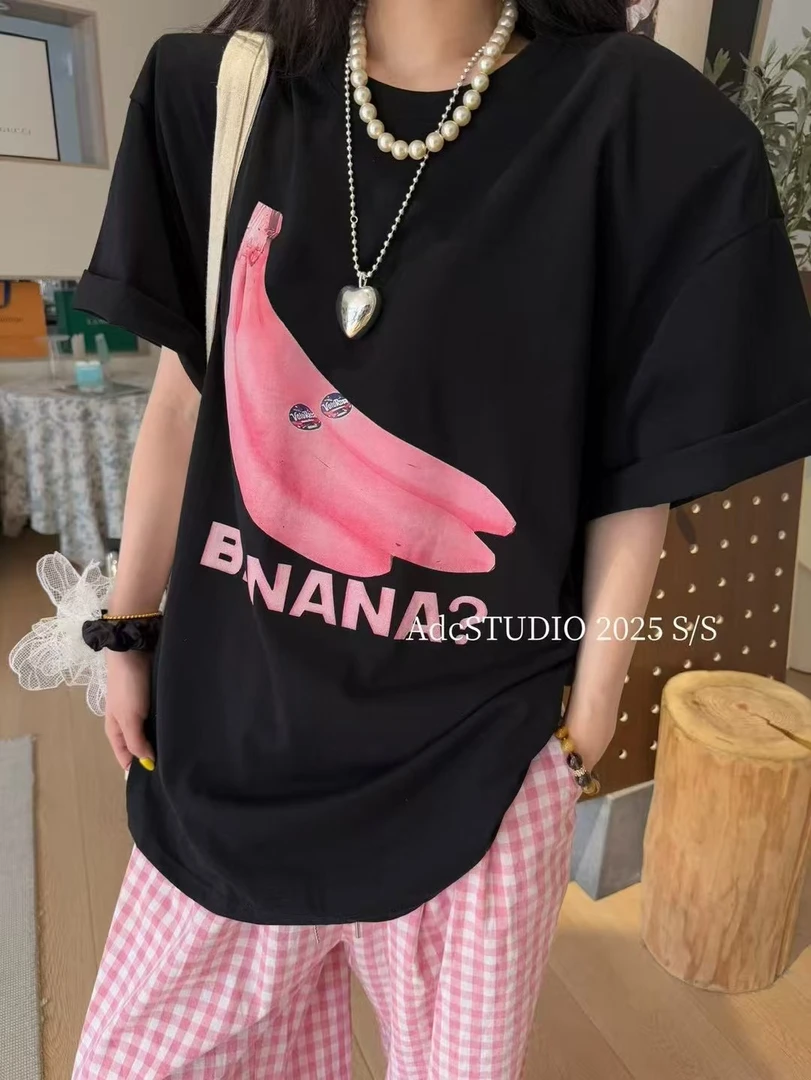 25317#【東Room】夏季休闲宽松大版圆领韩系印花T女