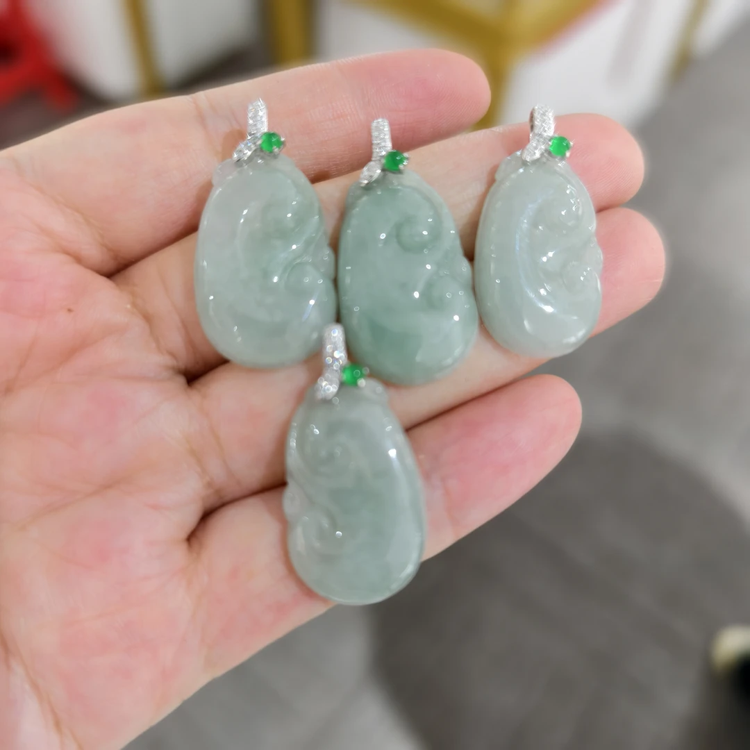 F22天然翡翠A货如意S925银镶吊坠（多样性发其一）