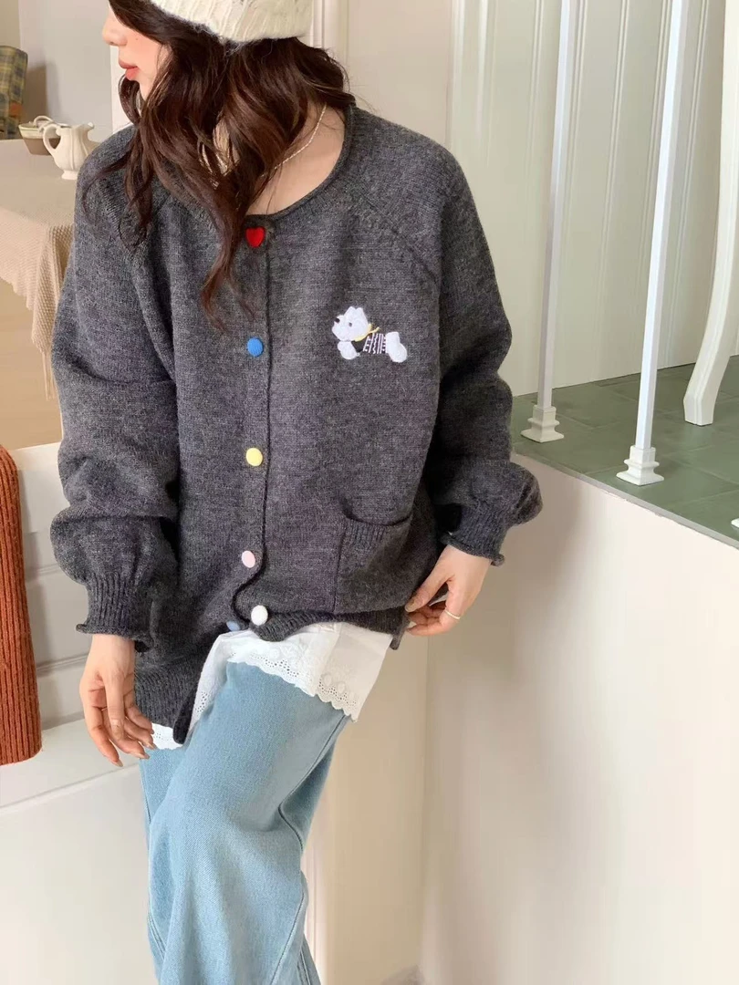 005宽松慵懒风圆领针织毛针织衫灰色毛衣百搭上衣