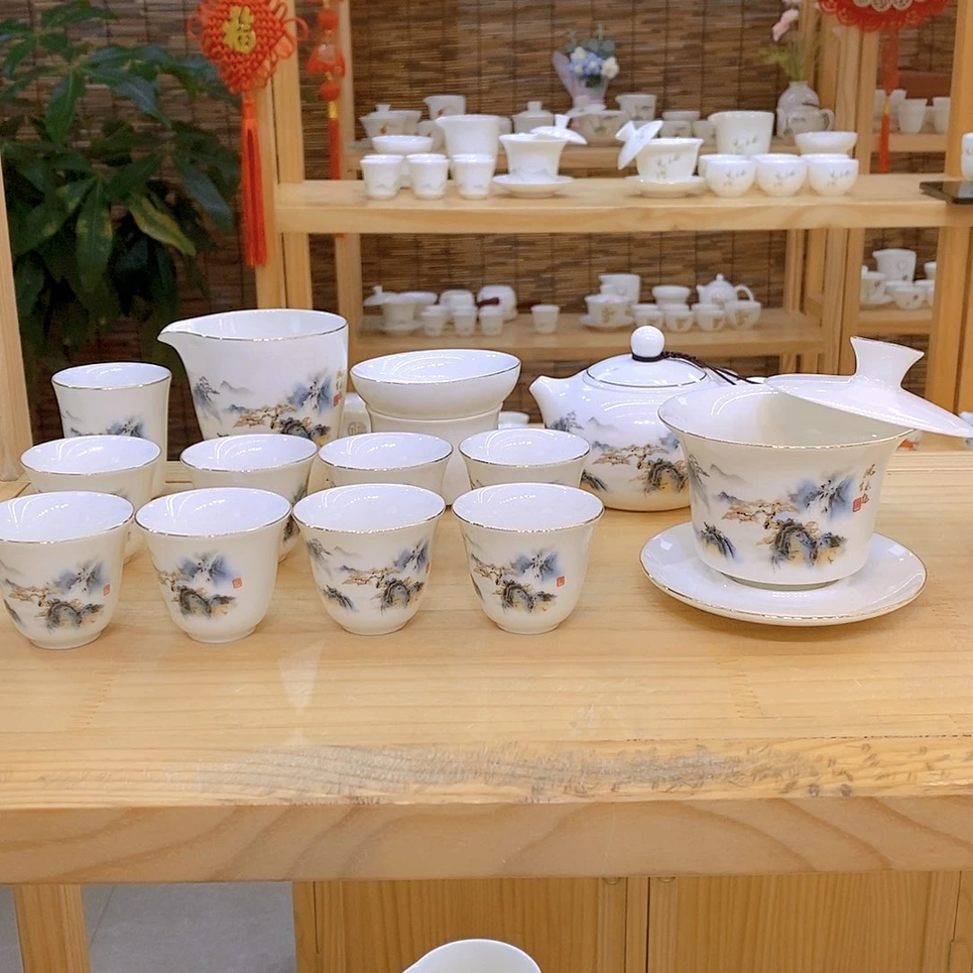 【意陶】风生水起 14件羊脂玉瓷茶具套装高档悬停盖碗茶杯主人杯