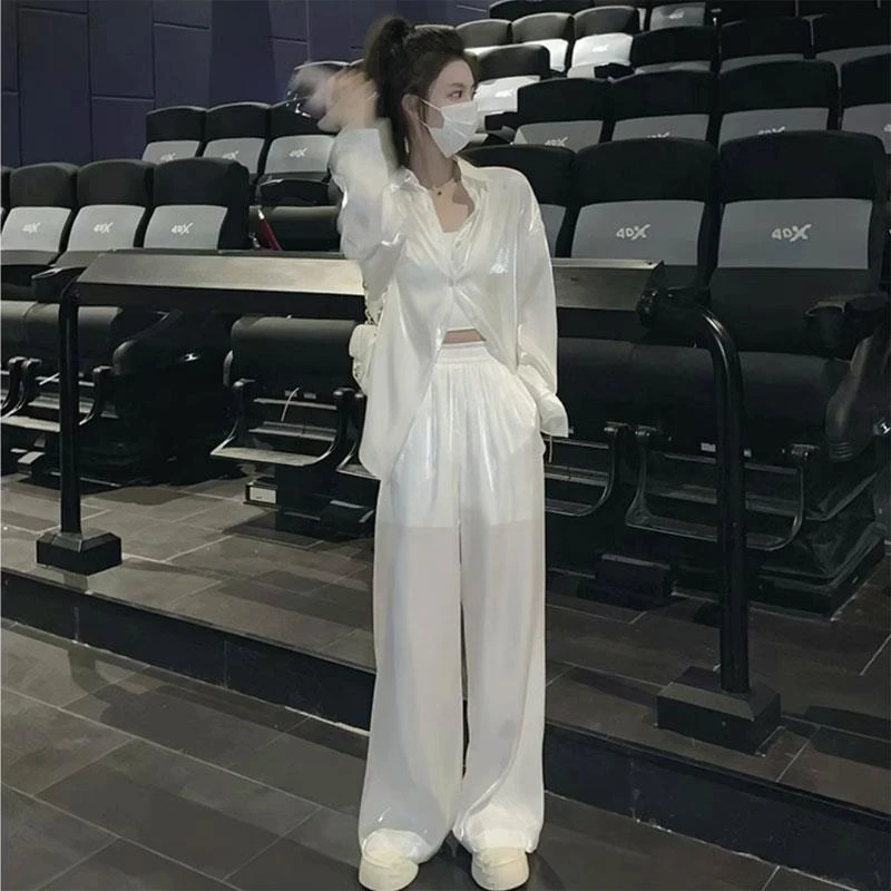 韩系温柔风人鱼姬防晒开衫衬衫套装女夏新款高腰垂感阔腿裤两件套