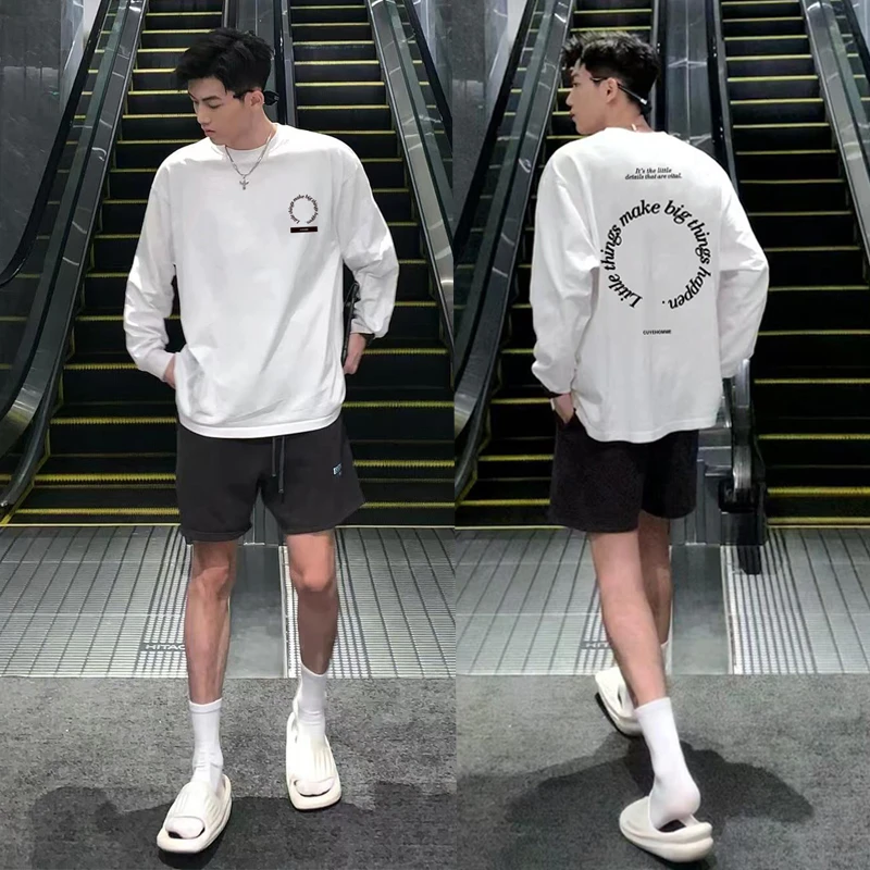 280g秋季新款美式复古长袖t恤男士重磅纯棉宽松个性上衣打底衫