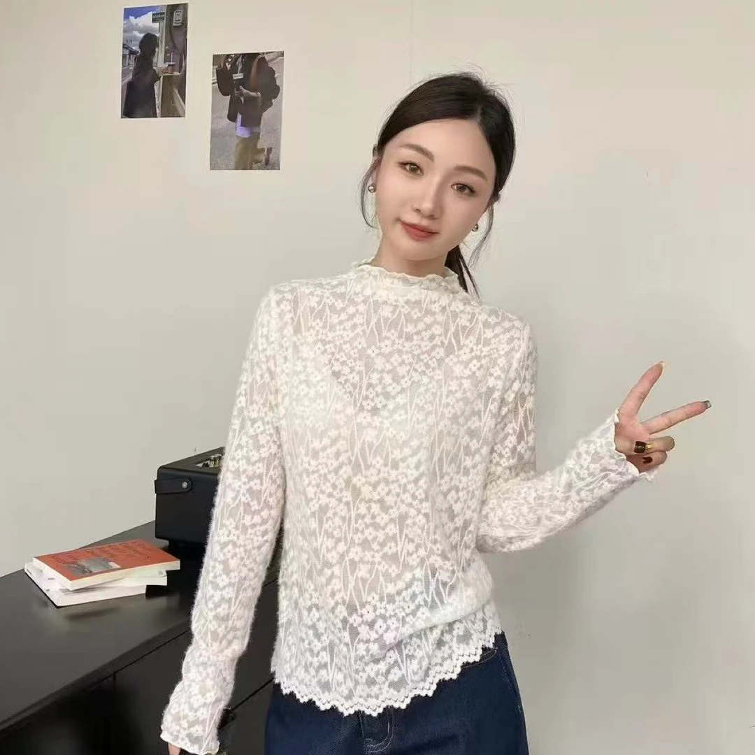 【OZZ—8865】花漾蕾丝设计洋气百搭半高领长袖蕾丝打底衫