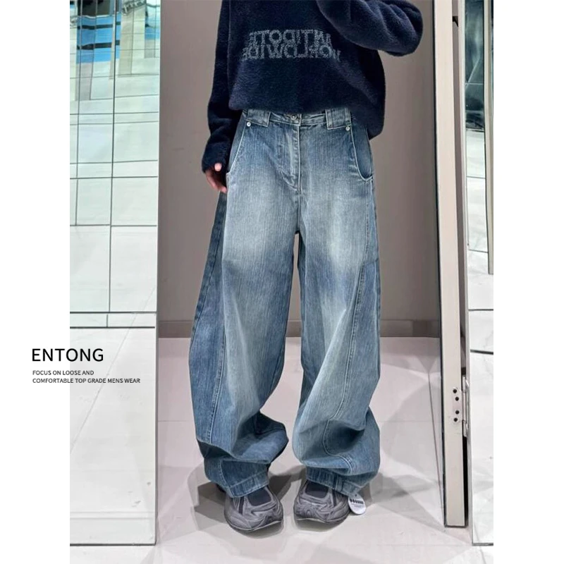 Entong复古vintage竹节弯刀牛仔裤男款宽松直筒阔腿长裤斜切a字裤