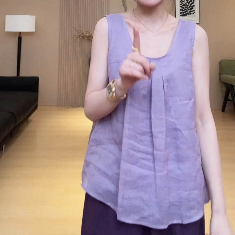 2025夏季时尚百搭甜美洋气前后两穿压褶无袖小衫上衣女LK2505113