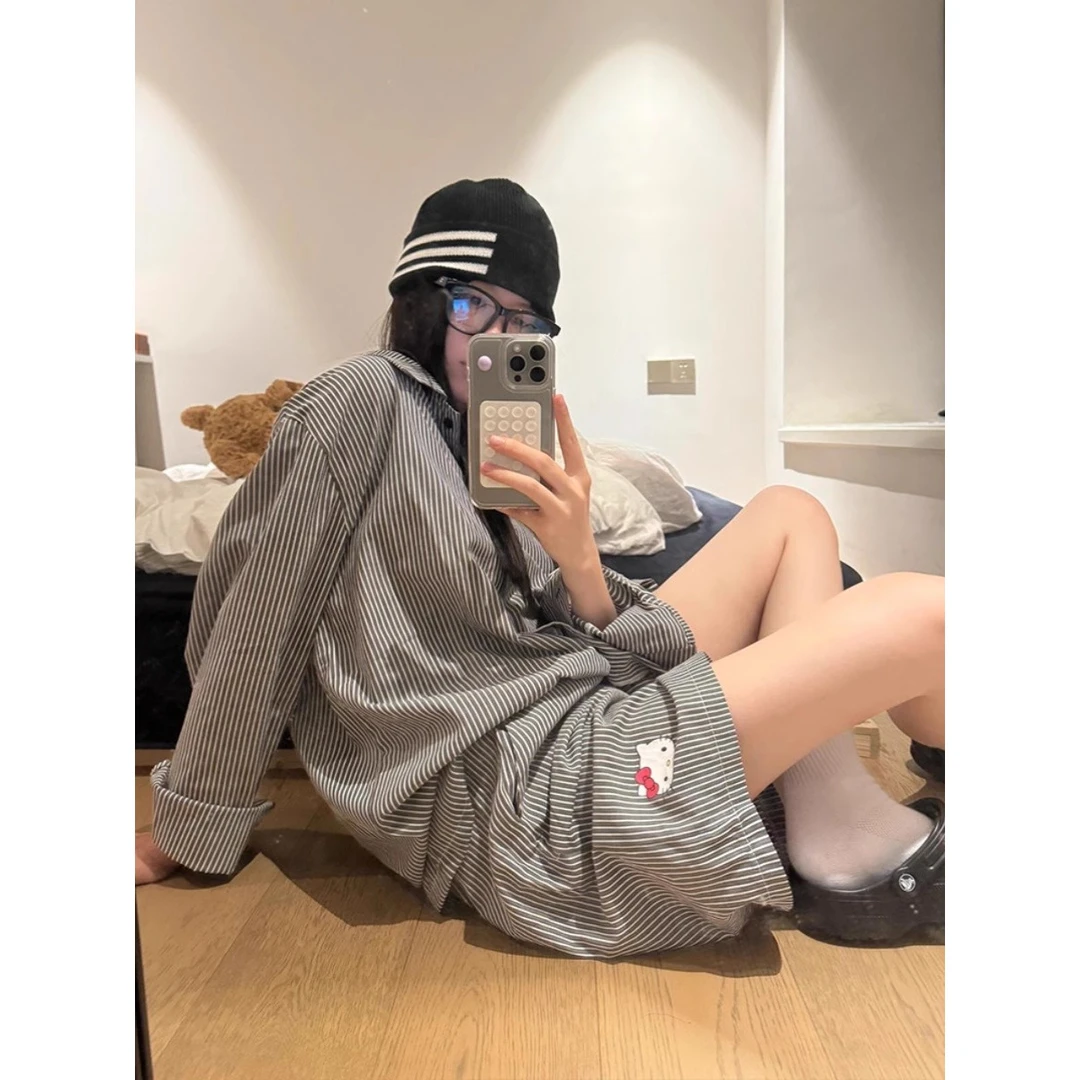 HelloKitty可爱印花条纹长袖翻领睡衣套装女春秋新款短裤大码家居