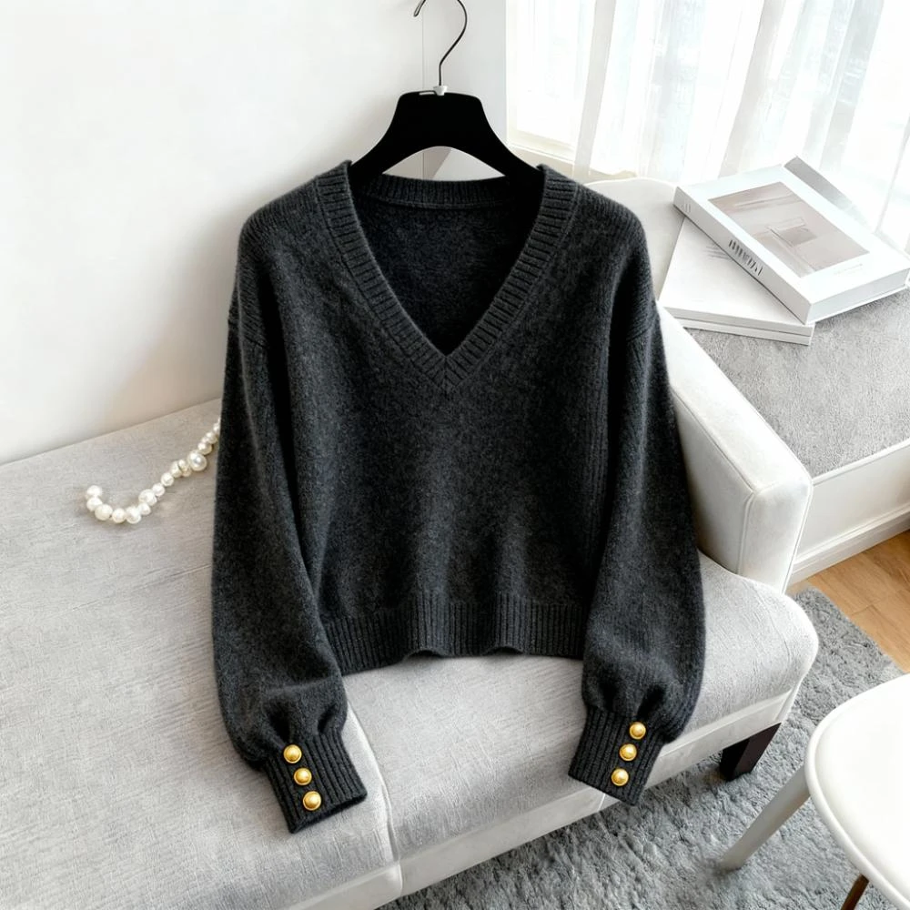 法式高级感慵懒风显瘦V领毛衣女装秋冬季新款百搭套头针织衫上衣