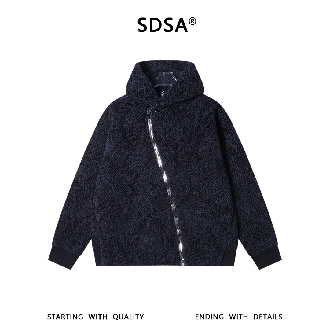 SDSA男士秋冬新款痞帅男装简约菱形格纹斜拉链连帽卫衣百搭时尚