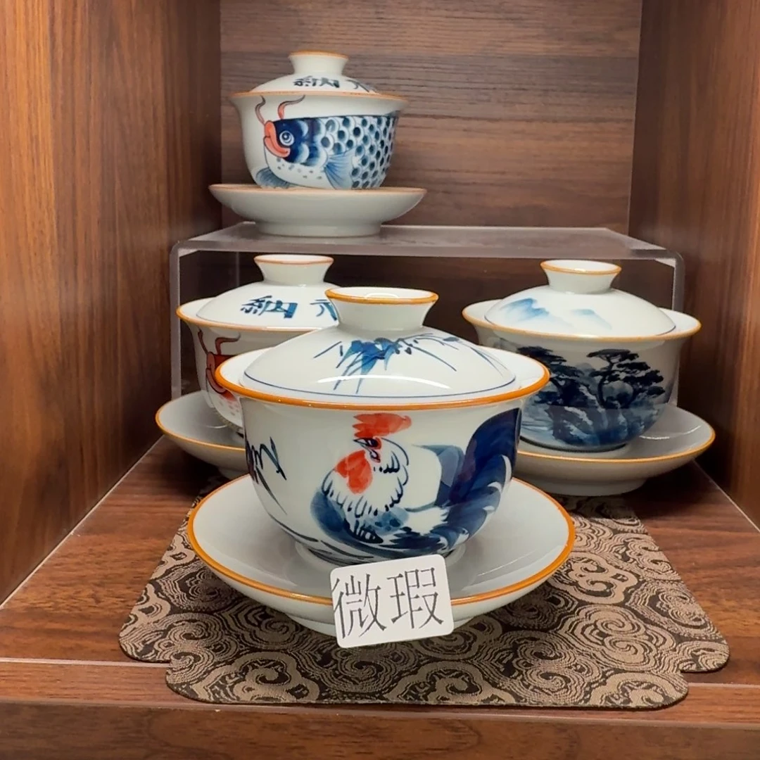 釉下手绘茶具微瑕