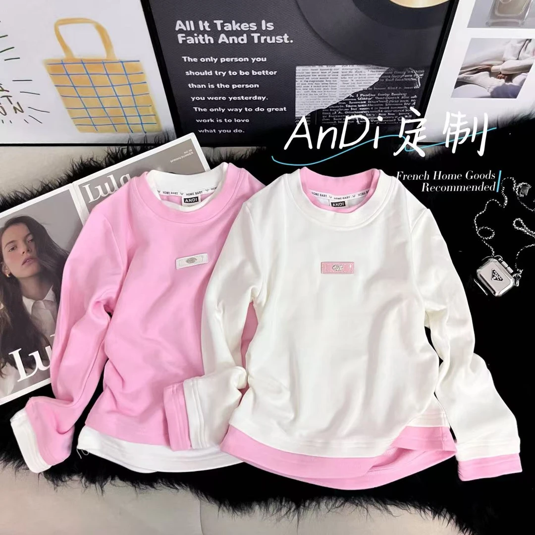〖ANDI〗安迪订制秋季新款女童中大童拼色设计感假两件打底衫5104