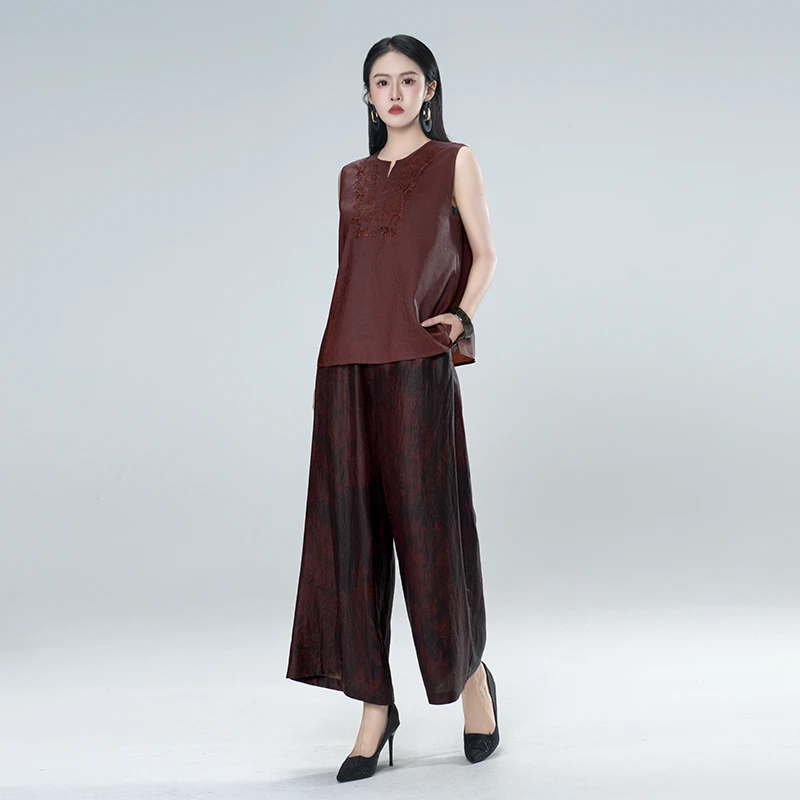 青娘子香云纱（雅怜）扎染时尚百搭气质复古中式宽松阔腿裤---50711