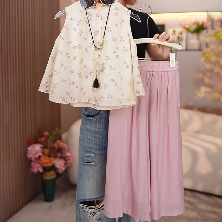 女童夏装2025新款套装设计师款碎花无袖娃娃衫+休闲阔腿裤两件套