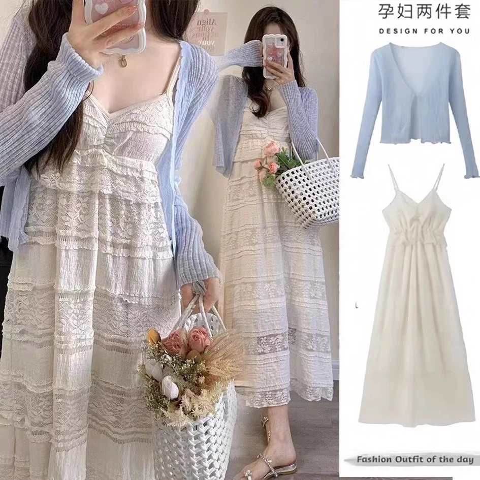 孕妇套装新款小个子套装夏季长款蕾丝宽松防晒吊带裙早春季两件套