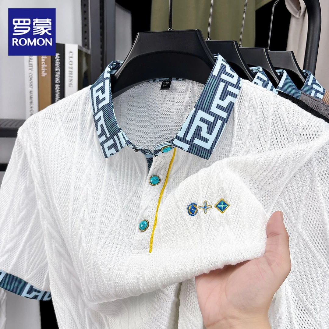 罗蒙针织短袖t恤男士夏季薄款透气提花上衣休闲拼色翻领polo衫男