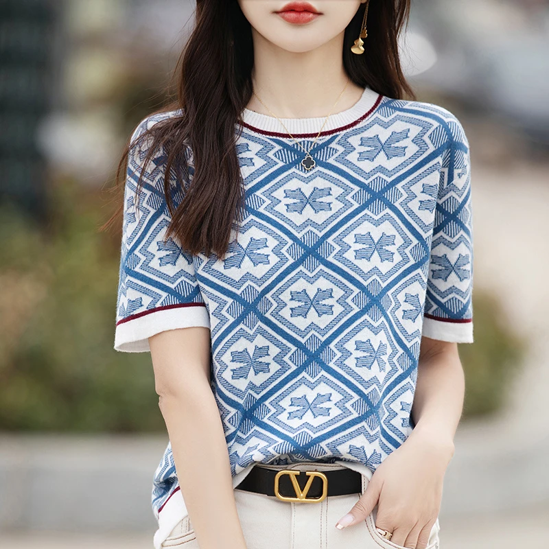 哥弟阿玛施正品夏季新款纯棉圆领拼色针织衫宽松Ｔ恤打底套头上衣