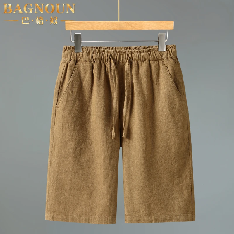 巴格奴短裤男士夏季新款时尚高端苎麻透气舒适排汗大码棉麻五分裤