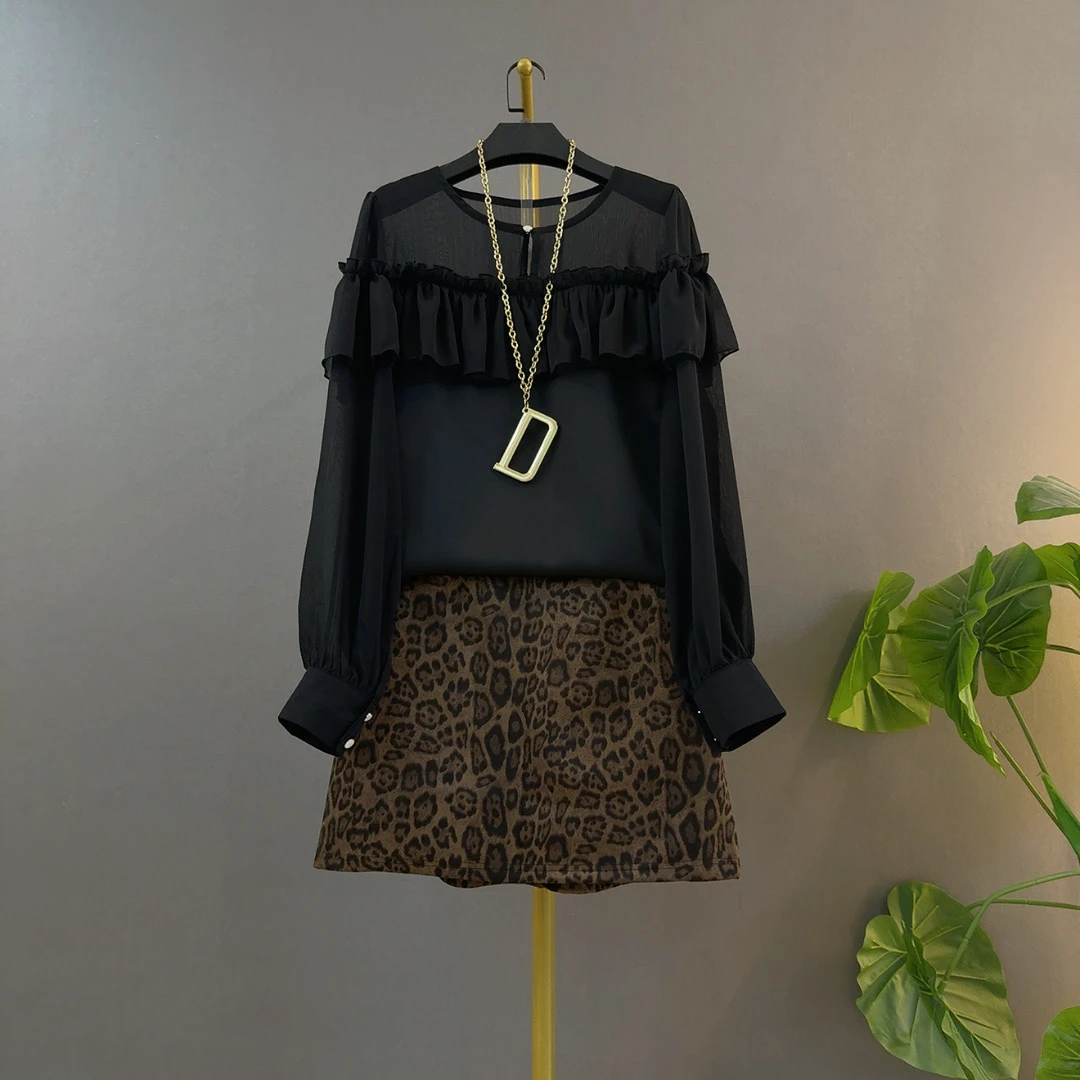 法式气质名媛别致拼接荷叶边长袖衣&豹纹半裙时尚大码女装俩件套