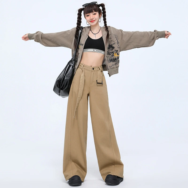 【配腰带】卡其色2025春装休闲直筒裤女高腰宽松牛仔裤女阔腿裤