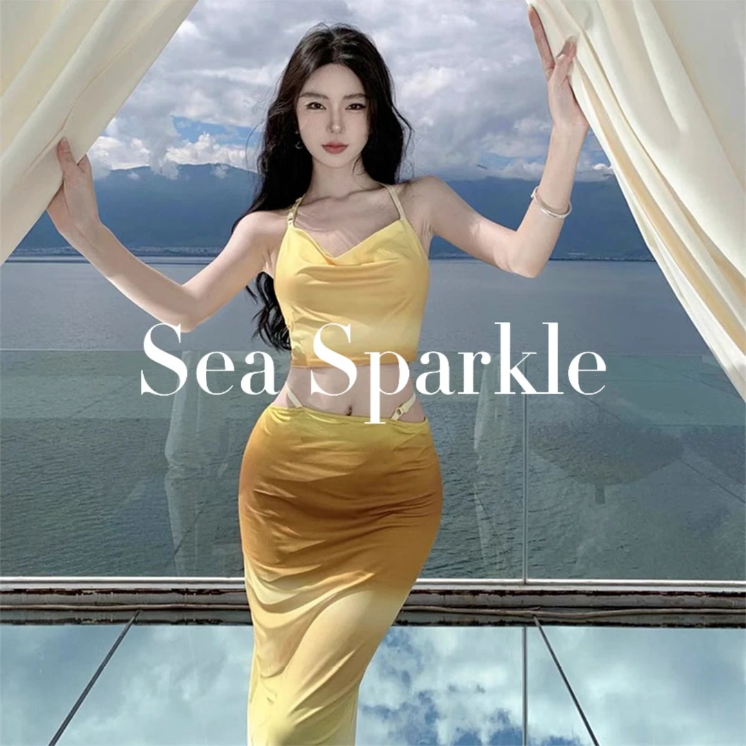 Sea Sparkle落日柑橘ins热带度假渐变长裙分体泳衣性感纯欲遮肉