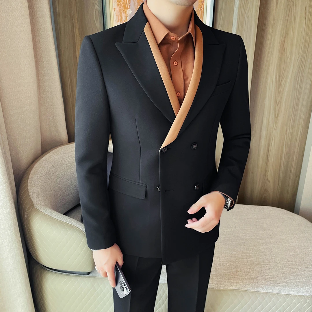 春秋季潮流时尚拼接痞帅双排扣西装外套男士韩版修身休闲西服上衣