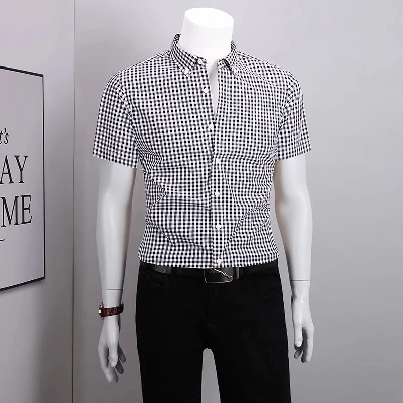 品质黑白格子短袖衬衫男夏季薄款高级感商务休闲舒适百搭半袖衬衣