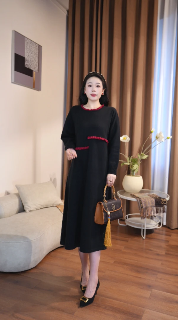 Y2505 拼接高腰秋冬大摆裙长袖连衣裙休闲旗袍时尚气质