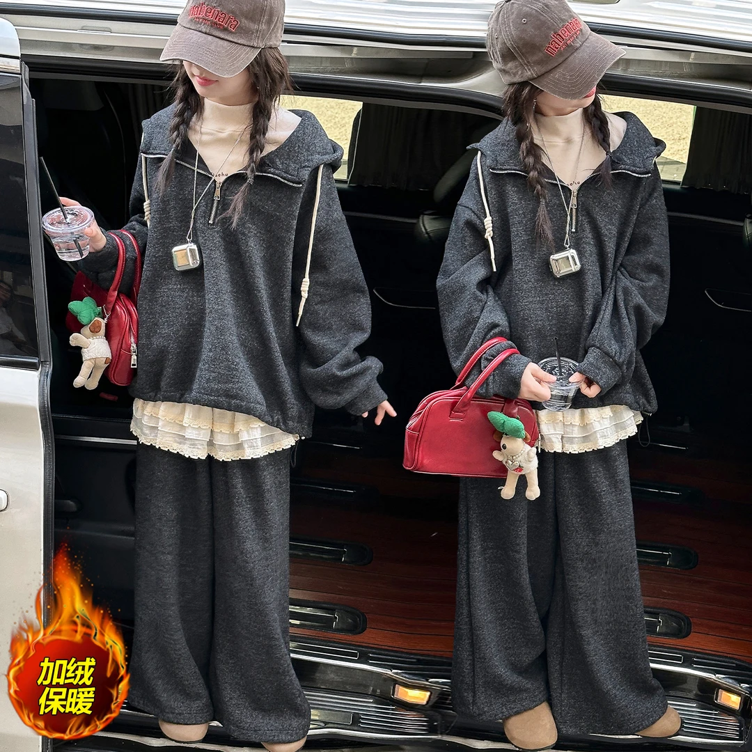 女童套装加绒加厚2025秋冬6-12岁潮酷中大童休闲时尚慵懒风两件套
