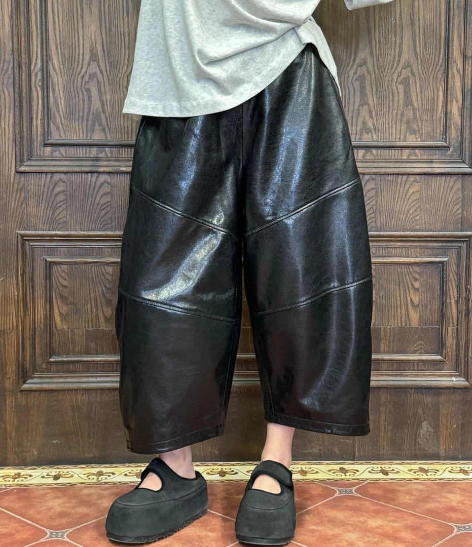 【XH 85711】  复古做旧水晶油蜡绵羊皮裤