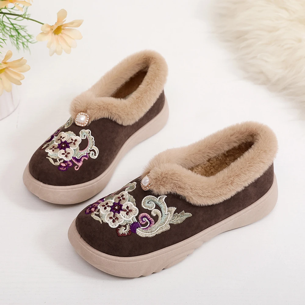 冬季国风女棉鞋北京棉靴新中式绣花鞋子毛靴民族风保暖雪地靴