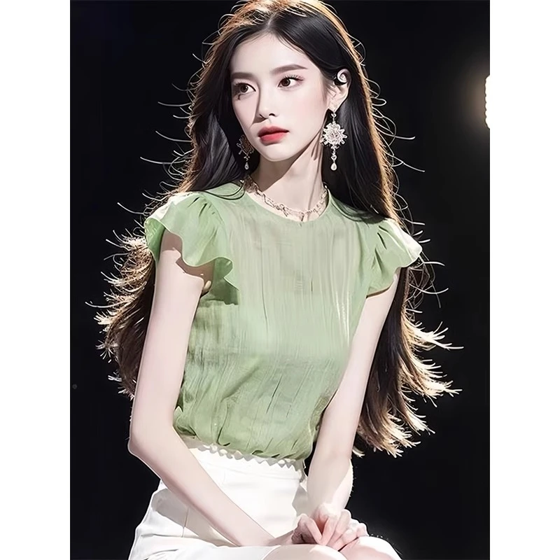 绿色短袖衬衫女2025新款夏季减龄好看雪纺衫高级感气质小飞袖上衣