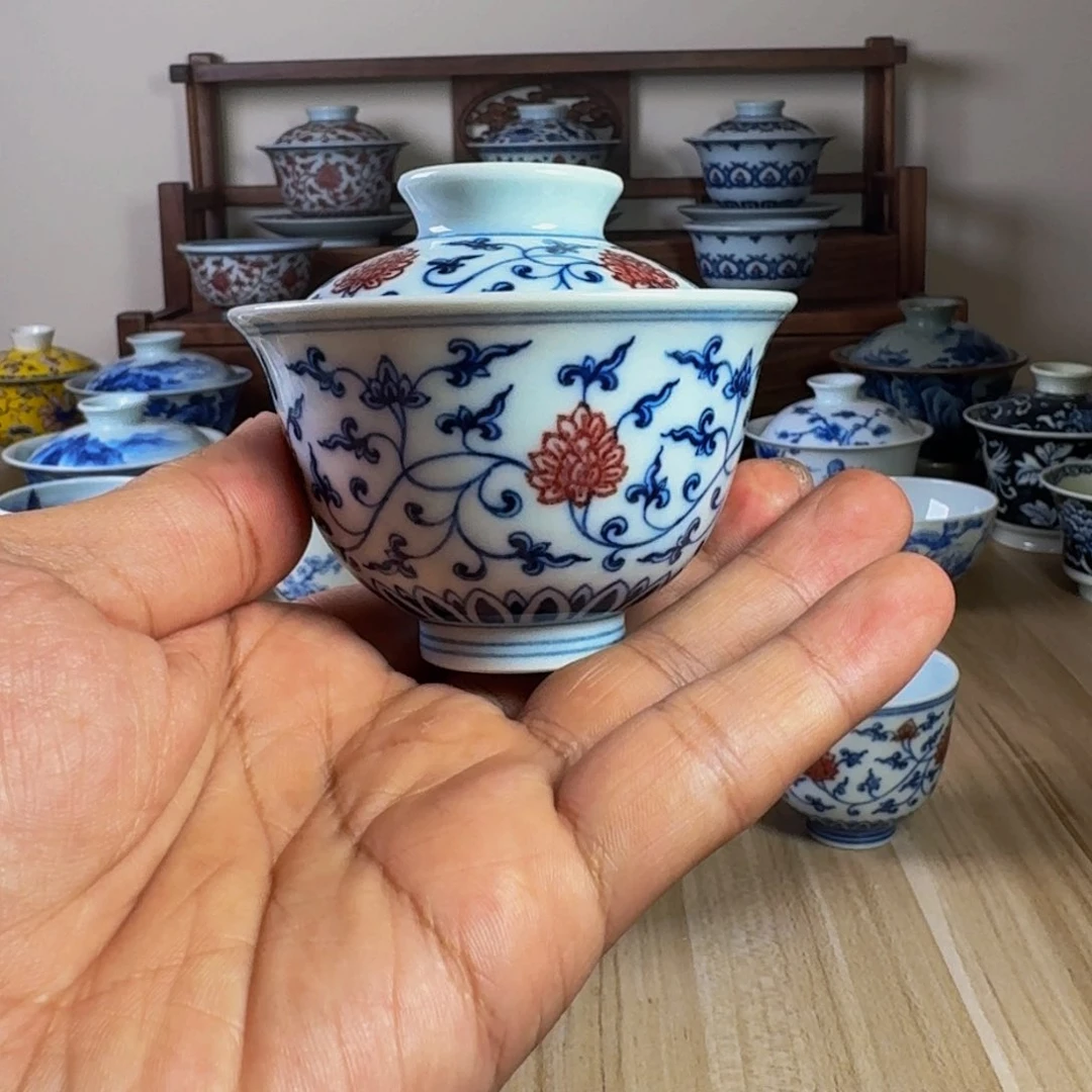 景德镇全手工手绘青花釉里红缠枝莲两才盖碗