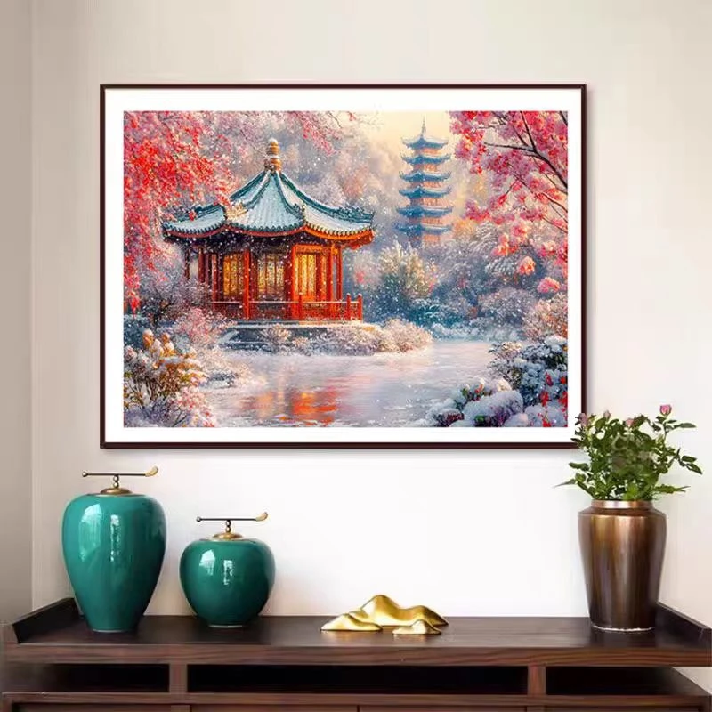 桃韵雪华亭塔景十字绣2025新款大格满绣客厅卧室