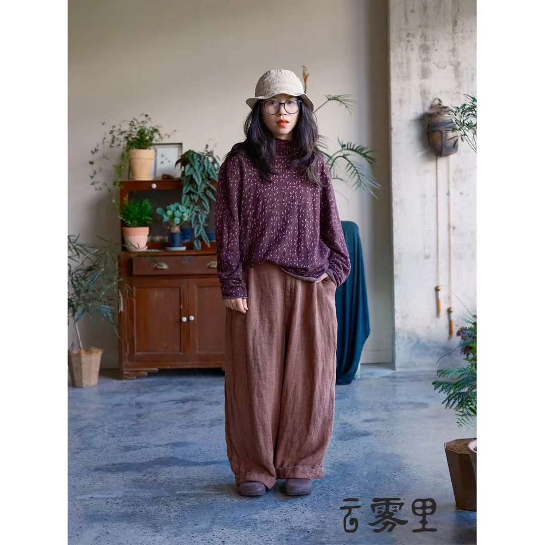 素朴布衣云雾里6041纯亚麻粗织休闲慵懒风宽松原创长裤松紧腰秋季