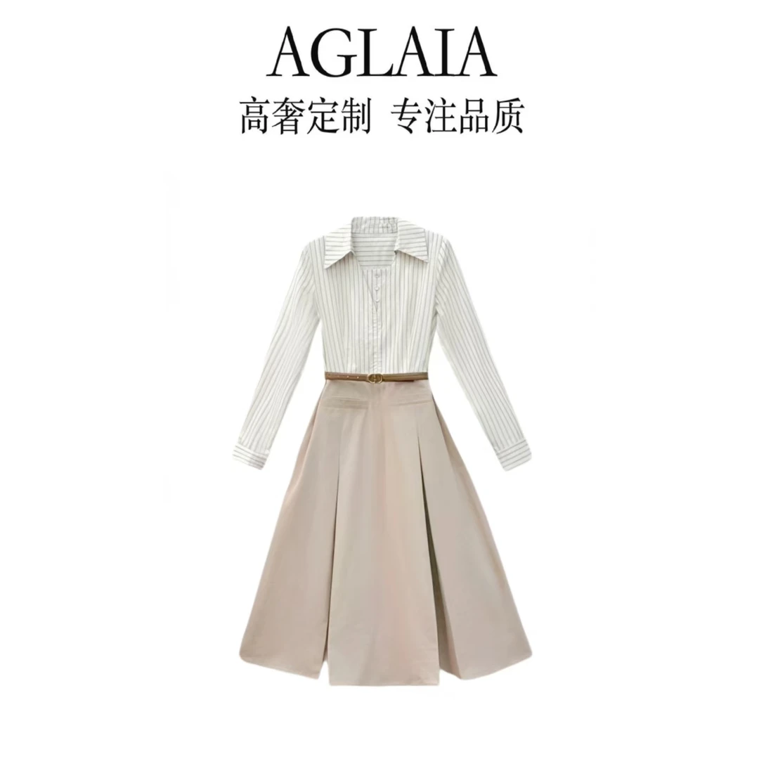 8017~Aglaia法式高奢2025春季新款气质拼接收腰长袖长款连衣裙女