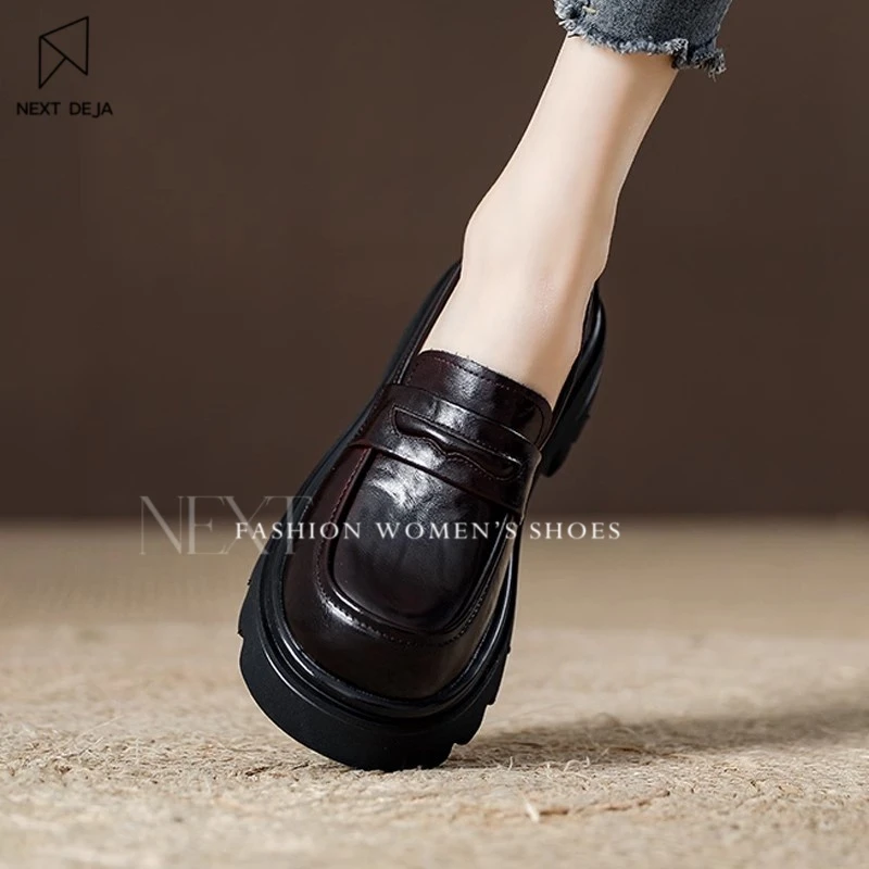 厚底圆头英伦风小皮鞋女春秋一脚蹬乐福鞋2025新款女鞋法式单鞋女