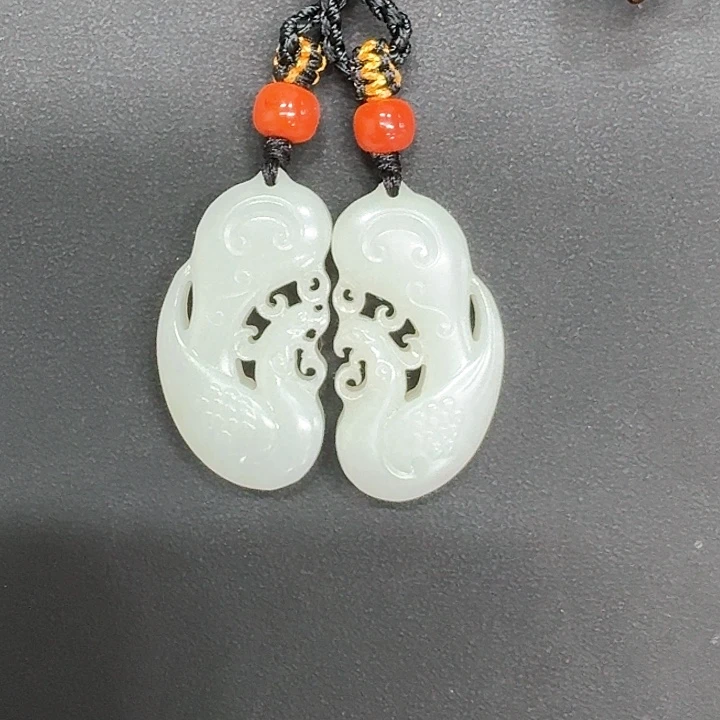 和田玉颈饰未镶嵌叮****鱼670-和田玉龙凤牌一对