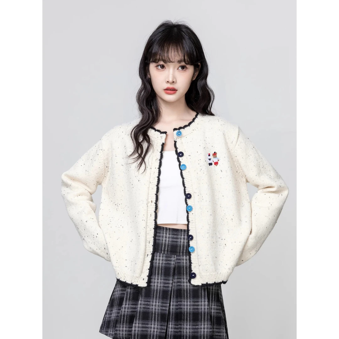撞色圆领针织开衫女2025春秋新款设计感卡通刺绣毛衣外套短款上衣